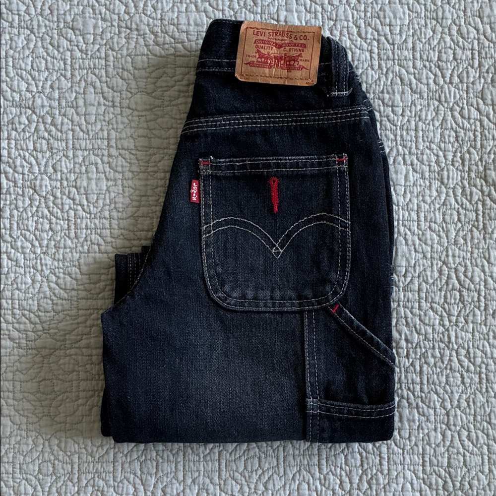 Levi's Dark Wash Cargo Blue Jeans Red Accents Size 7 Denim Pants Adjustable